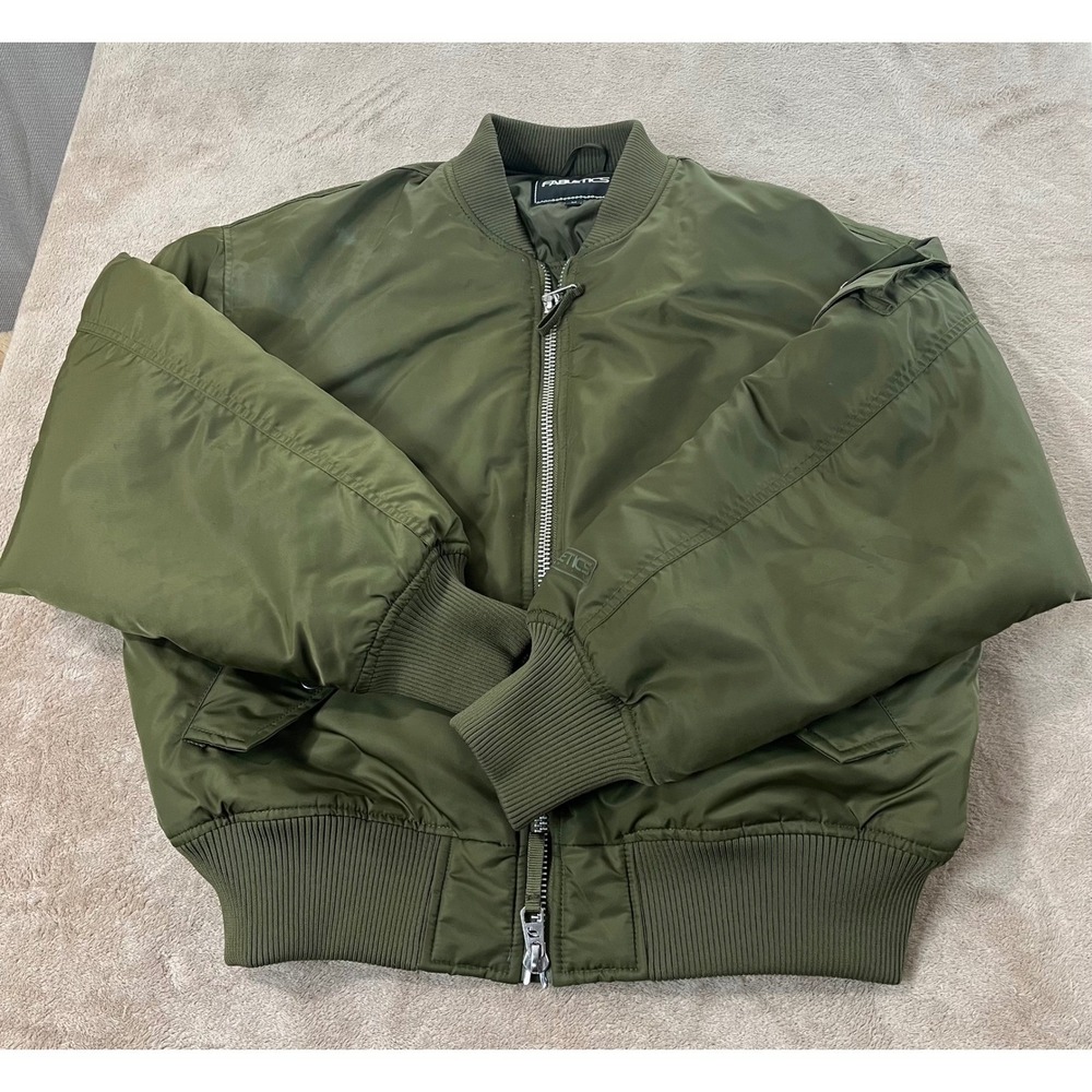 Fabletics Oversized Bomber Jacket, Womens M Olive Green Nylon good has oil stain